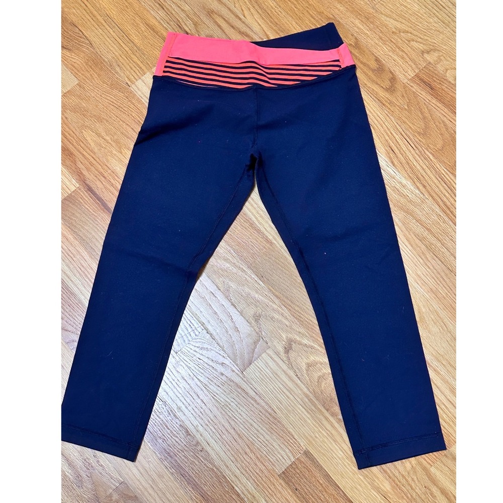 Lululemon Wunder Under Crop Navy Blue Coral Pink Striped Waist Leggings Yoga 4 4